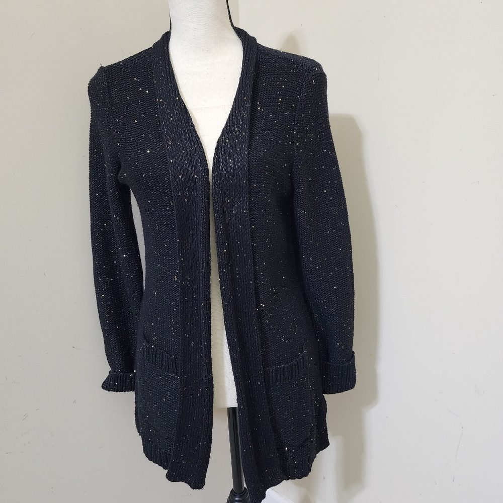 nwt ISAAC MIZRAHI size Medium Sequined Open Front Knit Cardigan Sweater Black